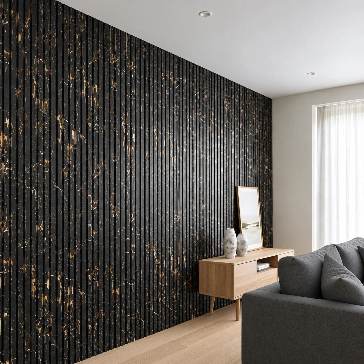 Black and gold slatted WPC wall panels in a living room