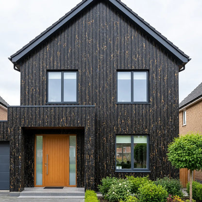 Black and gold slatted WPC wall panels on a two-storey house